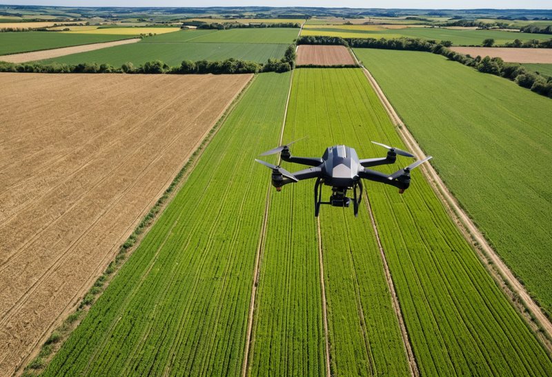Dron cartográfico sobrevolando campos agrícolas — Fotogrametría