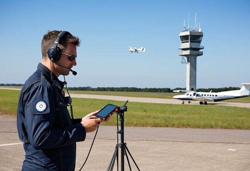 Operador con auriculares de aviación en un aeródromo — Radiofonista